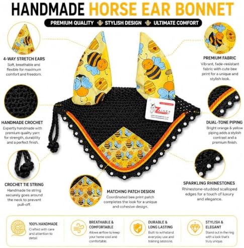 Horse Ear Bonnet for Horses, Floral Print Fly Bonnet with Crystal Edge, Handmade Crochet Fly Veil, Breathable Stretch Ears (Honey BEE Print, Extra-Full)