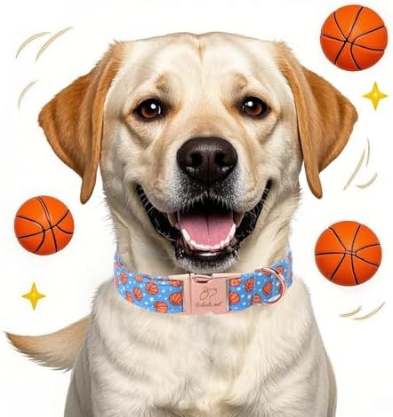Adjustable Boy Dog Collar - Cute Blue Basketball Print Dog Collars for Giant Large Dogs, Durable Pet Heavy Duty Metal Buckle Collar XL