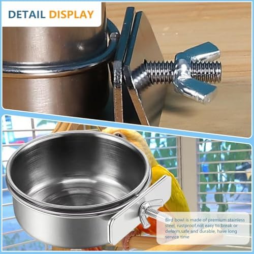 2Pcs Stainless Steel Bird Feeding Bowls, Small Bird Feeding Cup, Stainless Steel Parrot Food Bowl Cage with Holder, Parrot Cage Water Feeder, Pet Cage Cup Holder (Dia 6.3", 4.72",)