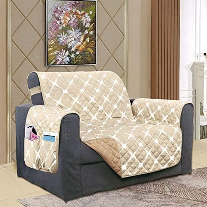 Elegant Comfort Luxury Bloomingdale Pattern Reversible 2-Tones Quilted Furniture Protector Slipcover, Featured SMART Pockets and Elastic Straps, Pets and Kids Protection, Chair, Cream/Taupe