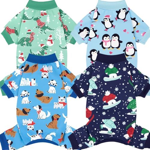 XPUDAC 4 Pack Dog Pajamas Cute Dog Clothes for Small Medium Dogs Boy Stretchy Soft Pjs Jammies Outfit Puppy Onesies for Winter, S