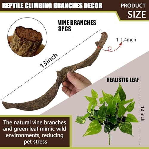 BNOSDM 3PCS Natural Reptile Climbing Branches Decor,0.8-1.2" Thick Snake Climbing Forest Wood with Plant Leaf Decor,Lizard Forest Branch,Geckos Tank Tree Trunk Accessories for Bearded Dragons