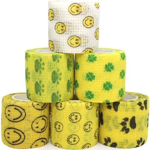 Self Adhesive Bandage Wrap Animal Cohesive Bandage Self Adherent Wrap First Aid Tape for Dogs Cats Horses Birds & Wrist Healing Ankle Sprain (2 Inch Sunshine Set 6 Rolls)
