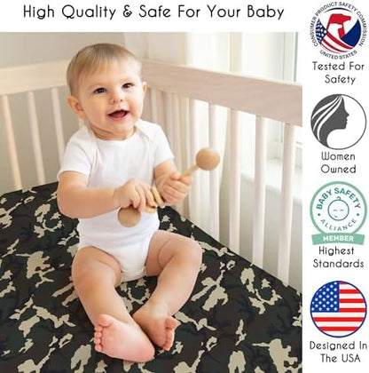 Sweet Jojo Designs 3-Piece Baby Crib Sheets Set (Woodland Camo Deer) for Boys, Infant Nursery, Toddler Room - Fitted, Standard Size (Solid Green, White/Black Antler & Forest, Rustic Beige/Black Plaid)