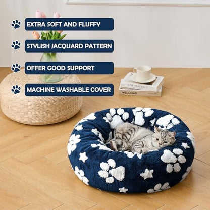 Donut Dog Bed, Calming Round Cat Bed for Indoor Cats, Navy Blue, 23"