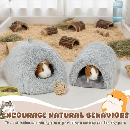 2 Pack Guinea Pig Hideout Bed with Tunnel, Large Soft Plush Cozy House, Washable Hideaway for Guinea Pigs and Small Animals(Style 1)