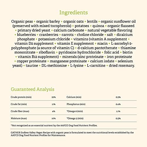 GATHER Endless Valley Vegan Dry Dog Food with Grains, Healthy Plant-Based Kibble Made with Organic & Non-GMO Ingredients, Chicken-Free for Sensitive Stomachs, for Adults & Seniors, 16 lb Bag