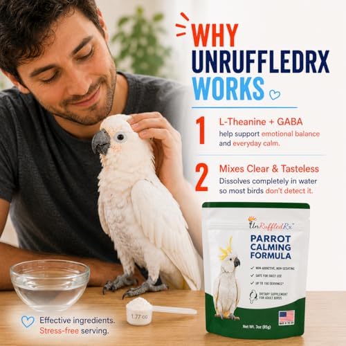 UnRuffledRx Parrot Calming Supplement, L-Theanine & GABA Powder for Fireworks & Travel, Parrots, Cockatiels & Parakeets, 3 oz