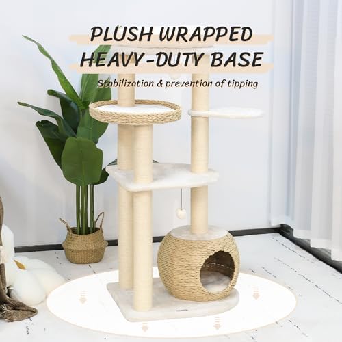 KAMABOKO Modern Cat Tree, 53" Tall Cat Trees for Indoor Cats w/Natural Sisal Scratching Posts, Hand-Woven Condo & Top Perch, Cat Tree for Kittens Climb Play & Rest