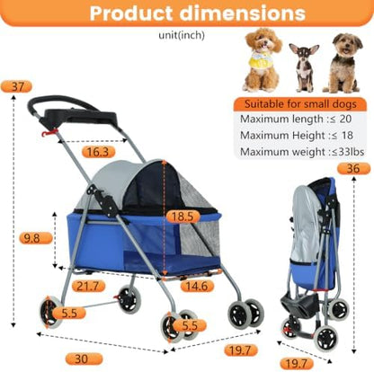 BestPet Foldable Pet Stroller for Small/Medium Dogs and Cats Up to 33 lbs