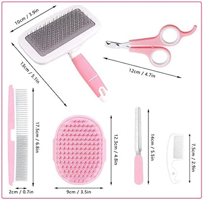 Small Animal Pet Grooming Kit with Pet Shedding Slicker Brush, Bath Massage Glove, Pet Grooming Comb, Nail Clipper Trimmer for Rabbit, Puppy, Kitten, Guinea Pig, Hamster, Ferret (Pink)