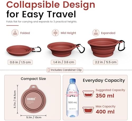 OHMO Collapsible Dog Bowls for Pet Travel, 12oz, 2pcs, Coral&Brick Red