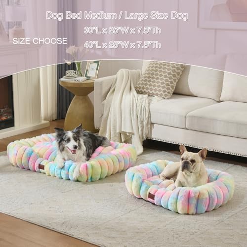 Luxury Dog Beds,Large Sized Dog Washable Furry Pet Beds,Comfort Rectangle Pet Sofa Couch with Ultra,Puppy Beds with Removable Zipper Cover,40x30x7.5inches,Rainbow