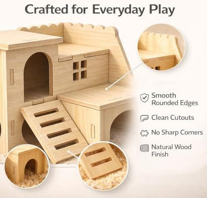 Tiny Hamster Maze Wood House Fun Slide House Double-Decker Hut for Dwarf Gerbil Mouse Mice Rat Small Animals(Only for Small Hamster)