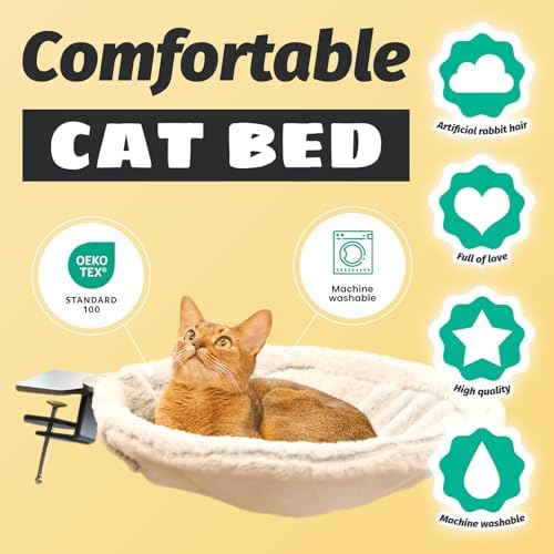 Round Cat Desk Bed, Space Saving Elevated Pet Hammock for 40lbs Cats, All-Season Office Workspace Cat Seat, Sturdy Desk Mounted Bed with Washable Breathable Fabric, 360 View Hammock