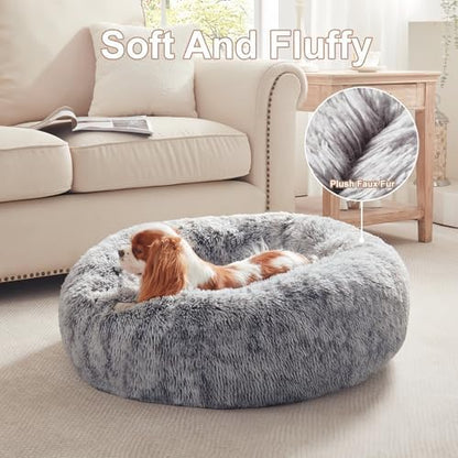 30 inches Faux Fur Fluffy Donut Dog Bed for Medium Dogs,Dark Grey