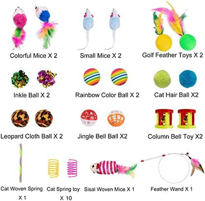 32Pcs Cat Toys Kitten Interactive Pet Toys Assortments, Foldable Rainbow Tunnel, Teaser Wand Fluffy Mouse Crinkle Balls Bell Play for Puppy Kitty (3 way)