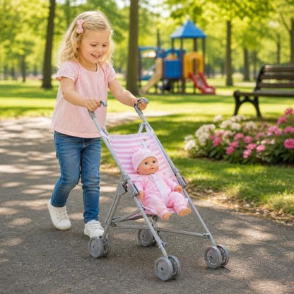 JC Toys Boutique | Folding Umbrella Doll Stroller for Children 2 Years Plus, Pink Stripes and Soft Embroidery | Sturdy Metal Frame | Pretend Play with Dolls up to 18” Long | Seat Belt