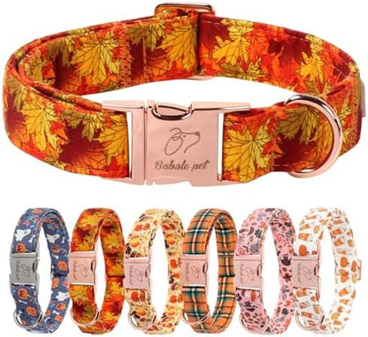 Fall Dog Collar for Puppy Small Dogs - Gold Maple Leaves Tanksgiving Puppy Collar, Adjustable Heavy Duty Fall Festivel Cotton Dog Collars with Metal Buckle XS