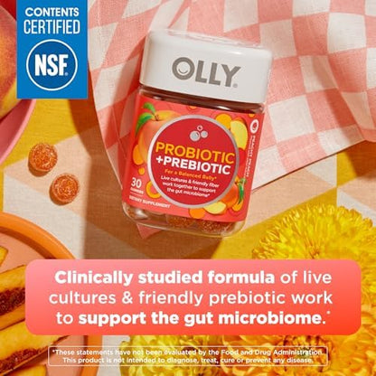 OLLY Probiotic + Prebiotic Gummy, 500 million CFUs, Peachy Peach - 30 Count
