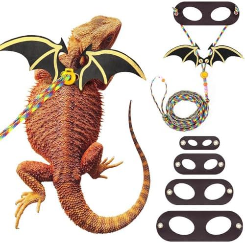 4 Pack Bearded Dragon Harness and Leash Set – Adjustable Soft Leather & Nylon Vest with 6.89–62 Inch Lead, Escape-Proof Lizard Walking Harness for Reptiles, Squirrels & Small Pets (Black Wing)