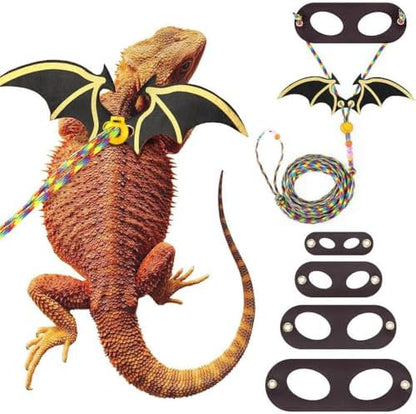 4 Pack Bearded Dragon Harness and Leash Set – Adjustable Soft Leather & Nylon Vest with 6.89–62 Inch Lead, Escape-Proof Lizard Walking Harness for Reptiles, Squirrels & Small Pets (Black Wing)