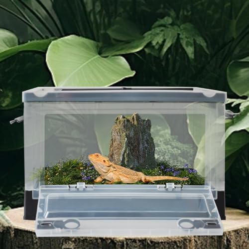 PINVNBY Plastic Reptile Feeding Box with Wheels,Reptiles Breeding Enclosure Cages Transparent Amphibians Habitat Terrarium Tank Portable Transport Container for Lizard,Bearded Dragon(Black)