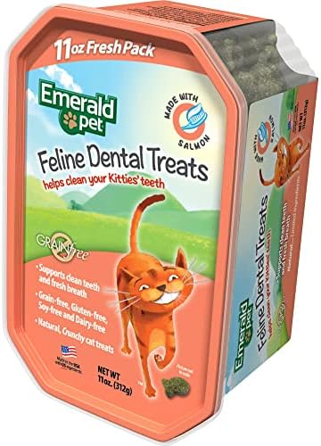 Emerald Pet Grain-Free Cat Dental Treats with Salmon – Crunchy Natural Dental Treats for Cats to Clean Teeth, Freshen Breath, and Reduce Plaque & Tartar – 11 oz Tub