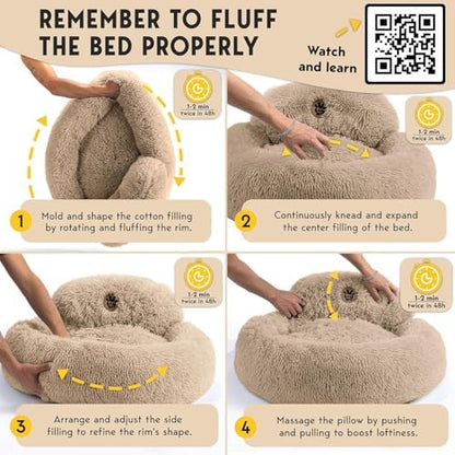 PetJett Calming Medium Dog Bed - 30'' Round Dog Beds - Washable Dog Bed - Anti-Slip Super Soft Fluffy Plush Donut Bed, Anti-Anxiety Premium Comfort Pet Bed, Fits Dogs up to 45 lbs - Beige