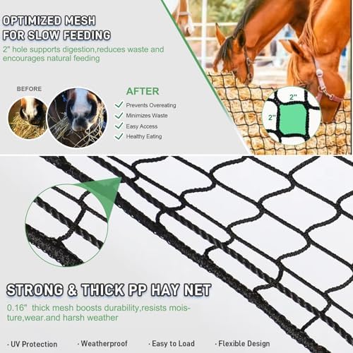 6x6 ft Square Bale Hay Net for Horses, 1.7 inch Hole Knotless