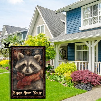 Happy New Year Garden Flag 12x18 Double Sided Vertical Linen Small Fireworks Raccoon House Flag Welcome Holiday Winter House Outdoor Outside Decorations (27168)