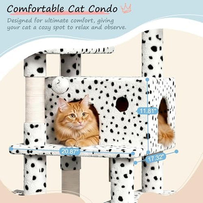 SHA CERLIN 82 inch, Multi-Level Cat Tree Tower for Indoor Cats, Cat Condo with Sisal Scratching Posts, Plush Perches, Hammocks, Toy Balls, White & Black Spot