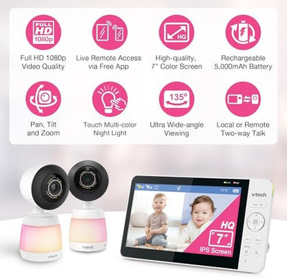 VTech Smart WiFi Baby Monitor, 2 Cameras for Twins & Two Rooms – 7" Split Screen, 2K Sensor, Wide-Angle View, Free App, Night Light, Two-Way Talk | Smart Max Twin