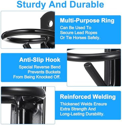 6 Pack Heavy Duty Bucket Hooks for Horse Stalls Anti-Tip Metal Bucket Holder for Horse Feed and Water Stable Barn Fence Accessories with Screws, Black