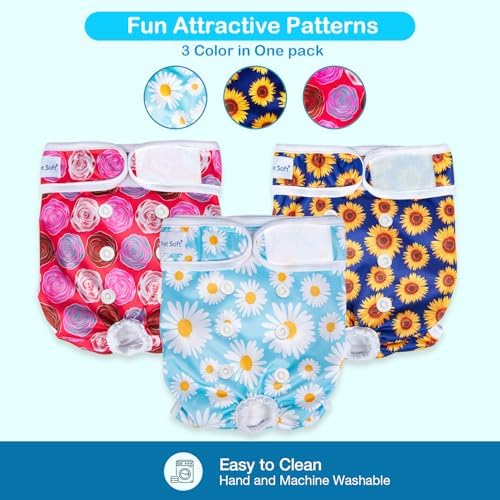 Pet Soft Female Dog Diapers, 3 Pack Washable Dog Diapers for Dogs in Heat, Reusable Dogs Period Panties, Puppy Diapers Female (Flowers, X-Large)