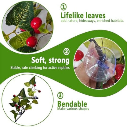 BNOSDM 2PCS Reptile Climbing Branch, Bendable Jungle Vine with Leaves Terrarium Plant Decoration with Suction Cup Chameleon Cage Accessories for Gecko Lizard Bearded Dragons Snake (Cherry)