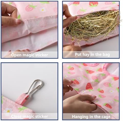 Lesnala 2 Pcs Canvas Hanging Bunny Hay Feeder Bags 3 Holes 2 Styles
