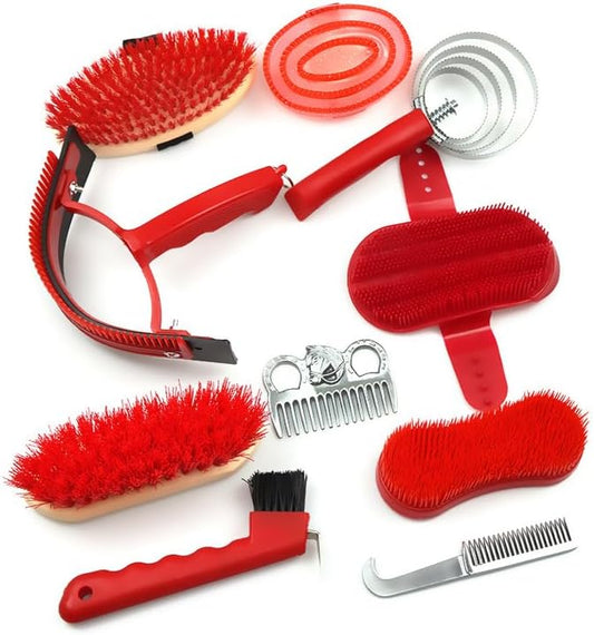 Horse Grooming Kit, 10 Piece Complete Set with Brushes, Combs, and Curry Tools for Horses, Red