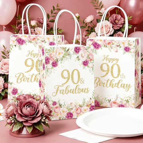 Greencian 16Pcs Flower 90th Birthday Party Favor Bags for Women
