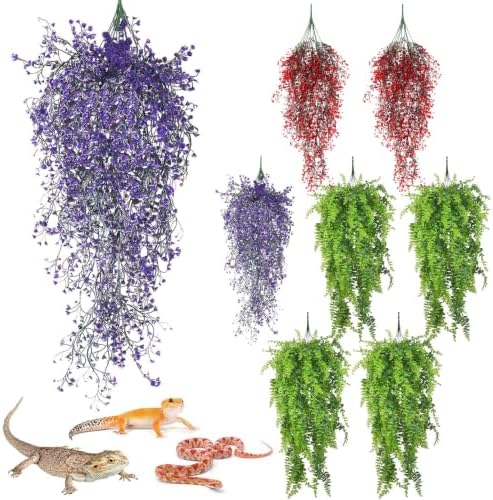 PINVNBY 8 Pack Reptile Plants Terrarium Hanging Fake Vines with Suction Cup Artificial Leaves for Bearded Dragons Lizards Geckos Snake Hermit Crab (4PCS Green, 2PCS Purple and 2PCS Red)