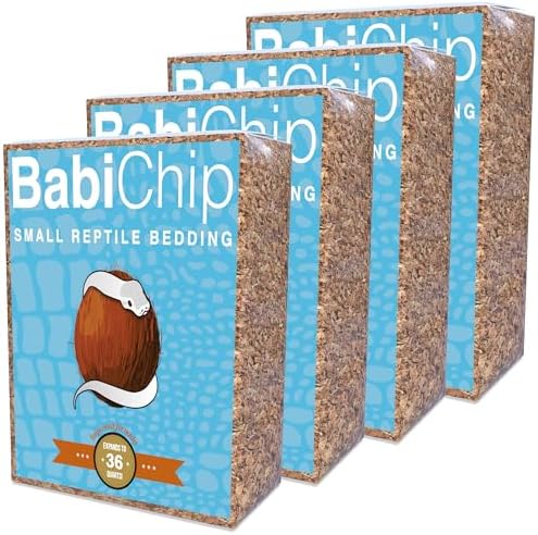 BabiChip Coconut Chip Substrate for Reptiles 4 Pack of 36 Quart Loose Small Sized Coco Husk Chip Bedding for Ball Pythons, Snakes, Tortoises, Geckos, Frogs, or Lizard Terrarium Tanks