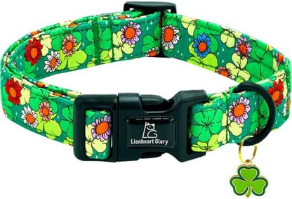 Lionheart glory St. Patrick's Dog Collar-Lucky Clover Shamrock Green Spring Trefoil Dog Collar for Medium Dogs Adjustable Heavy-Duty Dogs Collars Pet Gift Female