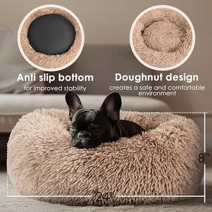 Dogs Bed for Small Dogs, Anti-Anxiety Washable Round Bed (24in Camel)