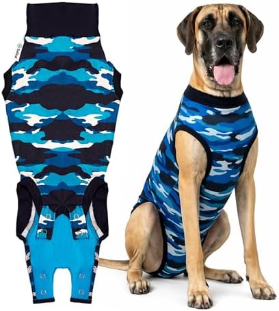 Suitical - The Original Dog Surgery Recovery Suit - Replace E-Collar & Cone - Spay, Neuter, Wounds, Prevent Licking - 2XL - Neck to Tail 31.5-36.2in - Chest 36-46in - Weight 80-120lbs, Blue Camouflage