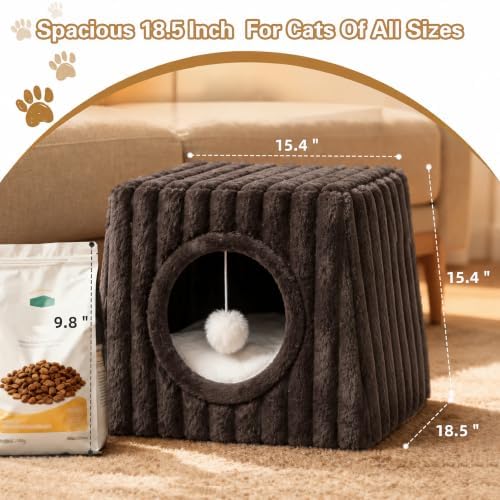 Dogpals Cat Cave House 18.5"" x15.4 x15.4 XL with Fluffy Balls (Coffee)