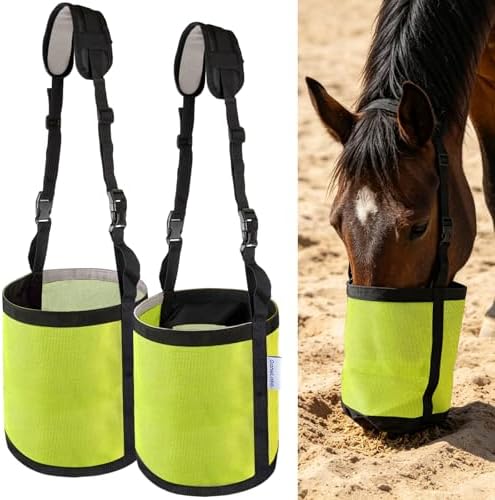 Horse Feed Bag for Grain, Breathable Muzzle Feed Bags for Horses, Universal Mesh Feedbag for Feeding Grain, Anti-Spill Design Feeder, Durable Nose Bag with Solid Bottom (Yellow)