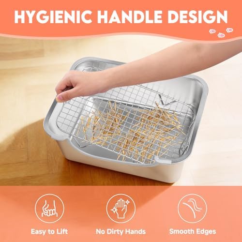 Large Stainless Steel Rabbit Litter Box with Handle - Low Entry Bunny Litter Box for Adult Guinea Pigs, Chinchillas - Includes Pee Pads, Cleaning Set & Chew Toys (15.7" x 11.8" x 5.9")