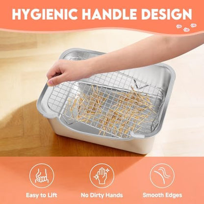 Large Stainless Steel Rabbit Litter Box with Handle - Low Entry Bunny Litter Box for Adult Guinea Pigs, Chinchillas - Includes Pee Pads, Cleaning Set & Chew Toys (15.7" x 11.8" x 5.9")