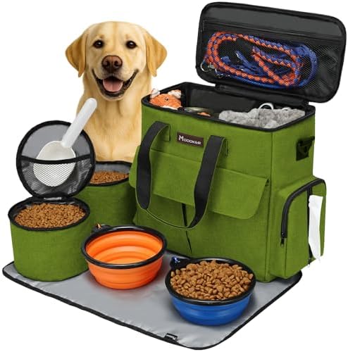 Modoker Weekend Dog Travel Bag Set with 2 Food Bags, 2 Bowls and Mat,Green