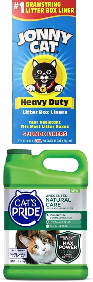 Jonny Cat Heavy Duty Litter Box Liners + Cat's Pride Unscented Natural Care Hypoallergenic Multi-Cat Clumping Litter Jug, 15-Pound Bundle